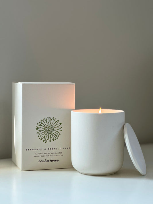 CERAMIC CANDLE ~ BERGAMOT & TOBACCO LEAF